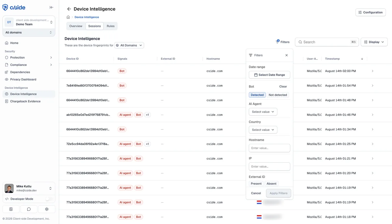 cside dashboard showing sessions flagged as bot and AI agent traffic
