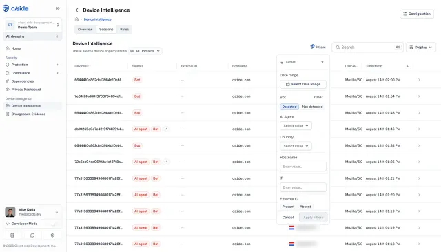 cside dashboard showing sessions flagged as bot and AI agent traffic