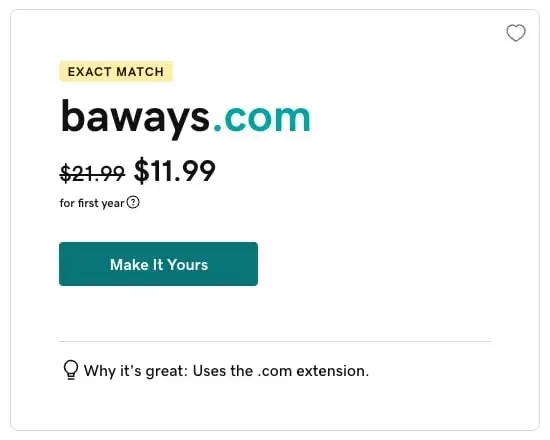 Public registry listing showing the baways.com domain available for purchase