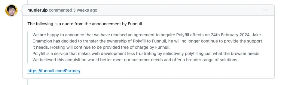 Comentário arquivado no GitHub do usuário munierujp sobre a transferência de propriedade do Polyfill