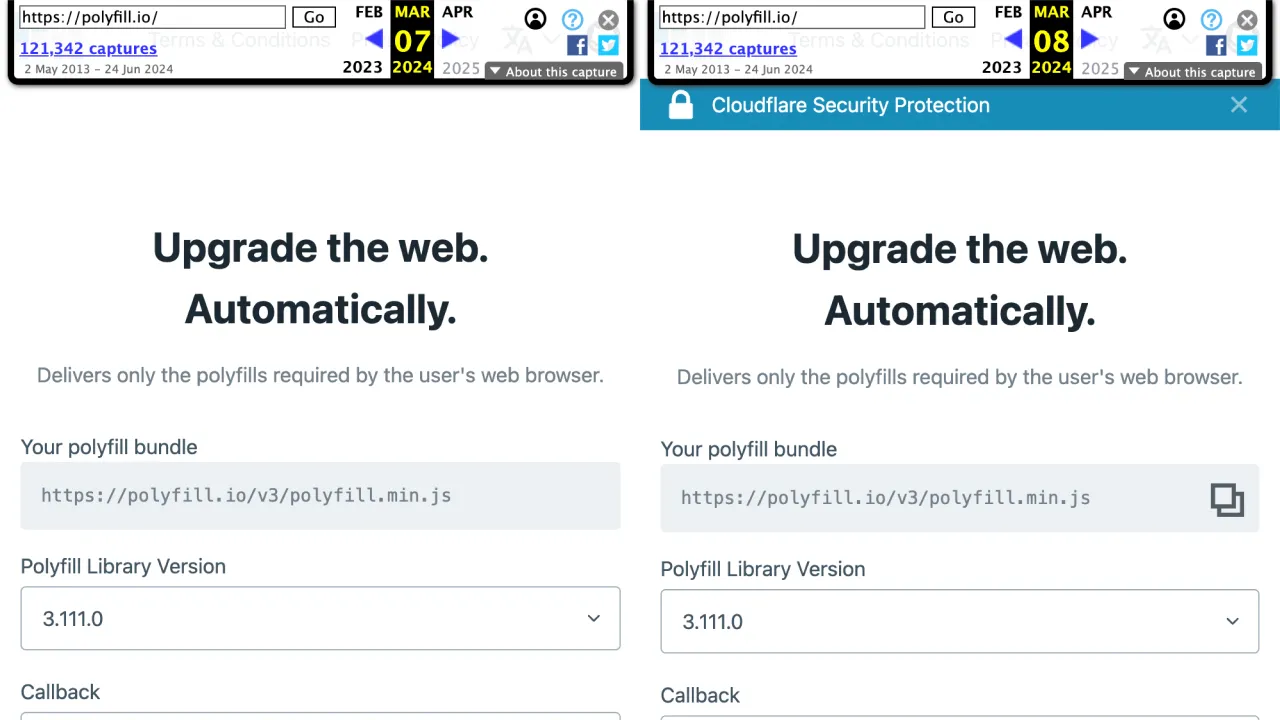 Internet Archive snapshot of the polyfill.io homepage during the attack