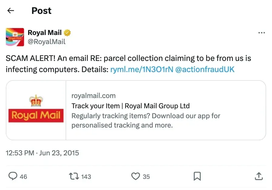 Old Royal Mail tweet that reused a now-expired link-shortener domain