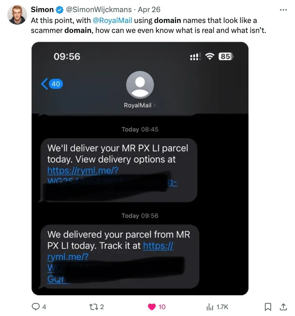 Founder Simon Wijckmans's tweet about a Royal Mail look-alike domain