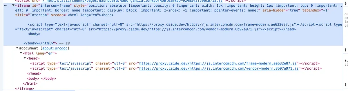 Vue du tableau de bord cside montrant les scripts Intercom passant par le proxy cside