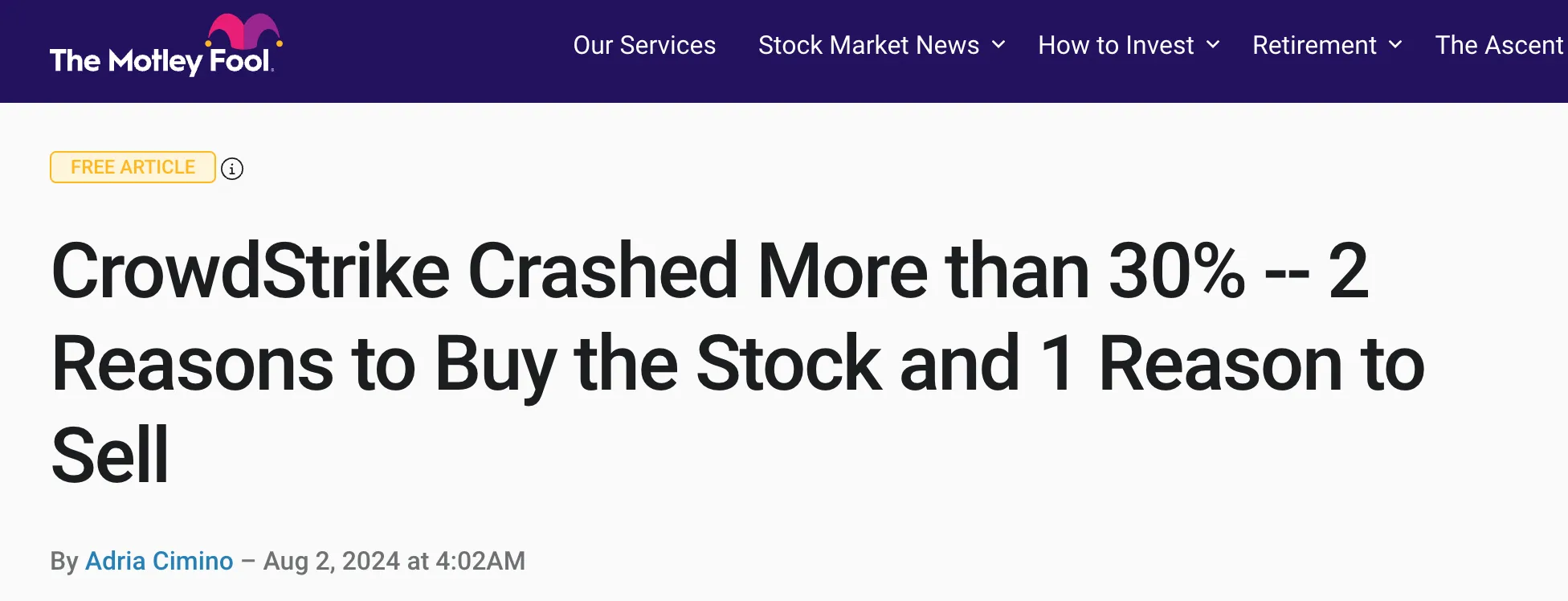 CrowdStrike stock chart showing a sharp drop after the 2024 outage