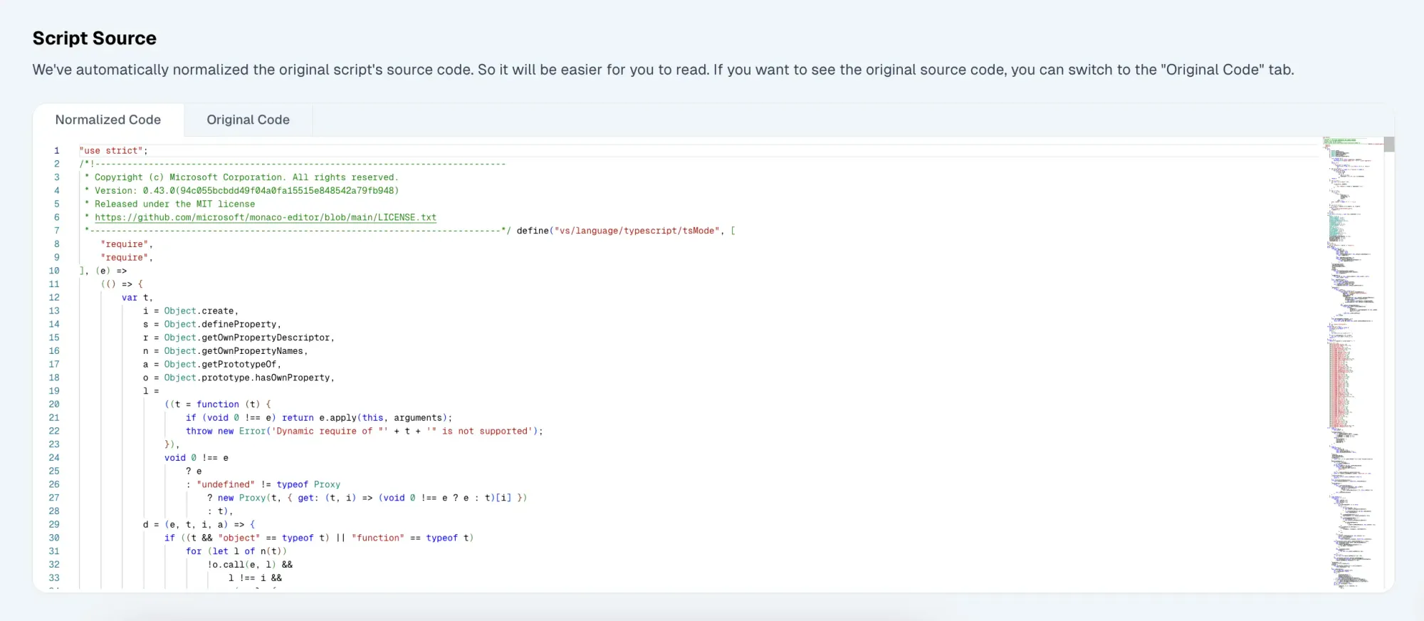 cside dashboard showing the deobfuscated jsDelivr script content