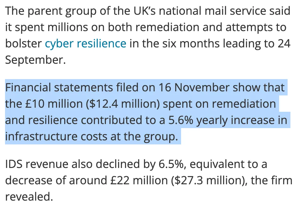 Article reporting Royal Mail's 5.6% rise in infrastructure costs after the attack