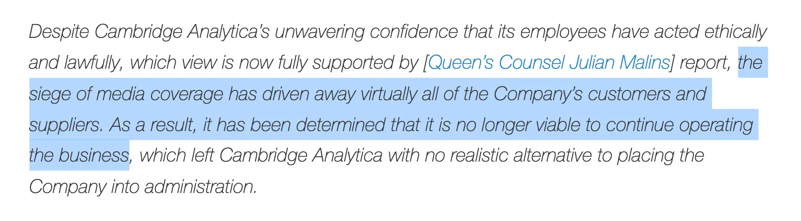 News quote about Cambridge Analytica ceasing operations after reputational damage