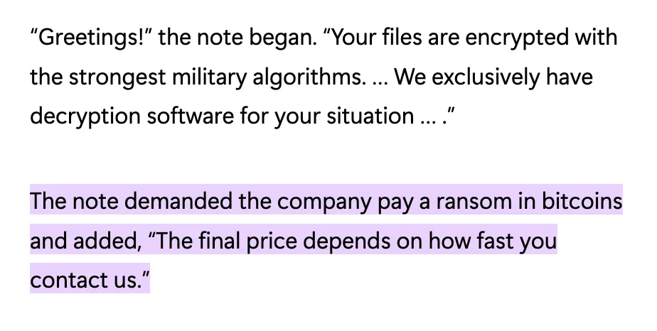 Ransom note left by attackers on the Norsk Hydro systems