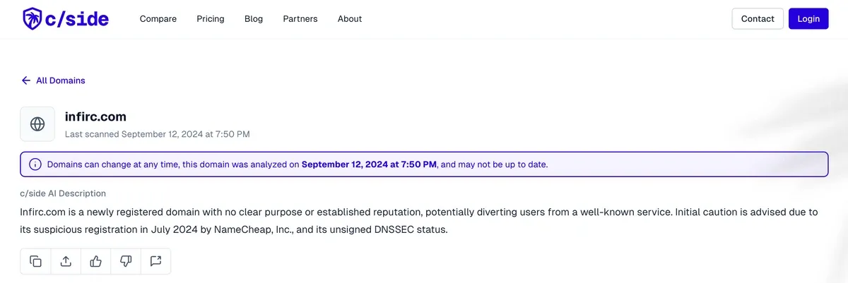 cside directory entry analyzing the newly registered infirc.com domain
