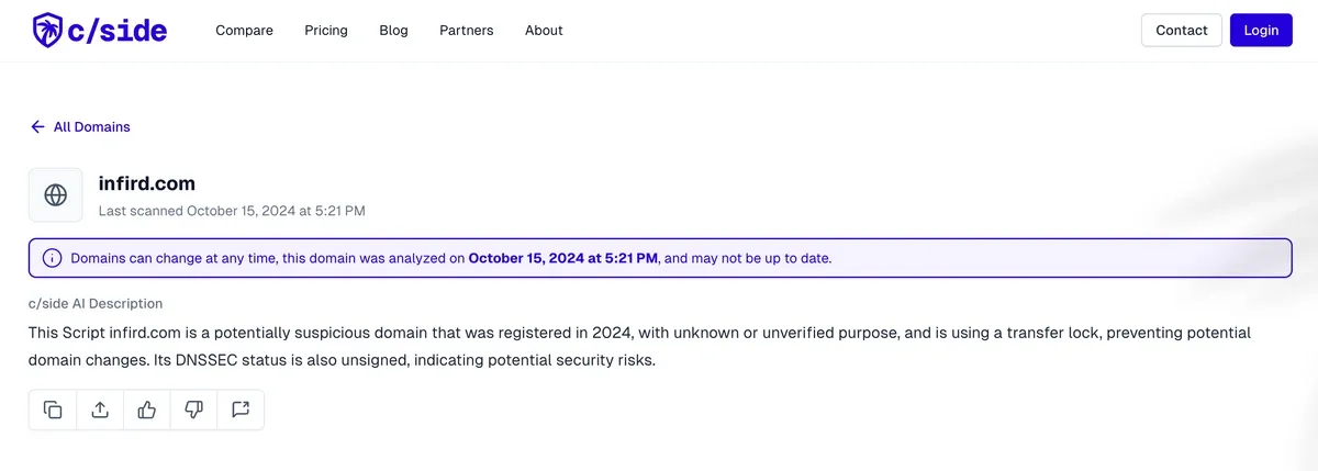 cside directory entry analyzing the newly registered infird.com domain