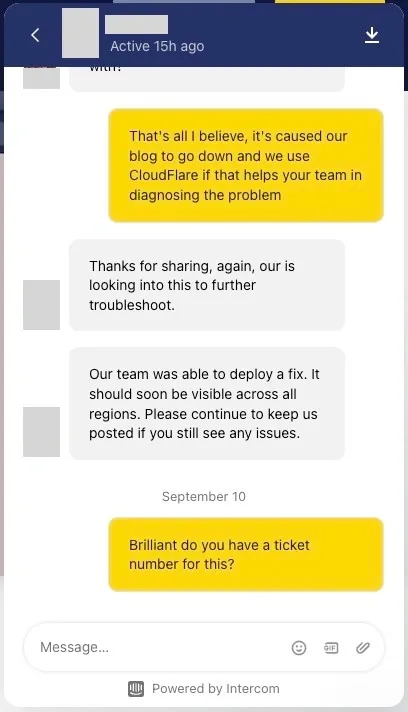 Intercom chat exchange with ButterCMS support reporting the outage