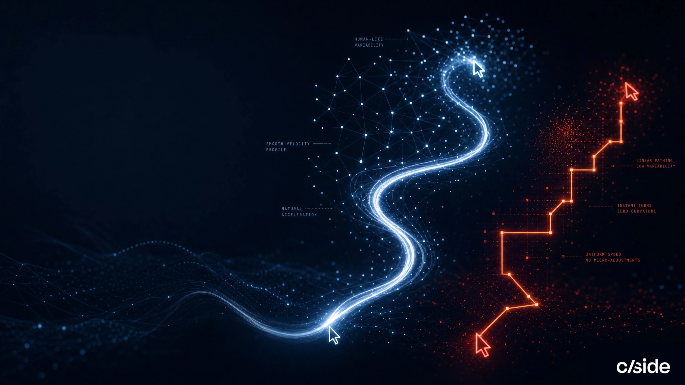 A smooth glowing blue cursor path beside an angular red bot path on a dark plane.