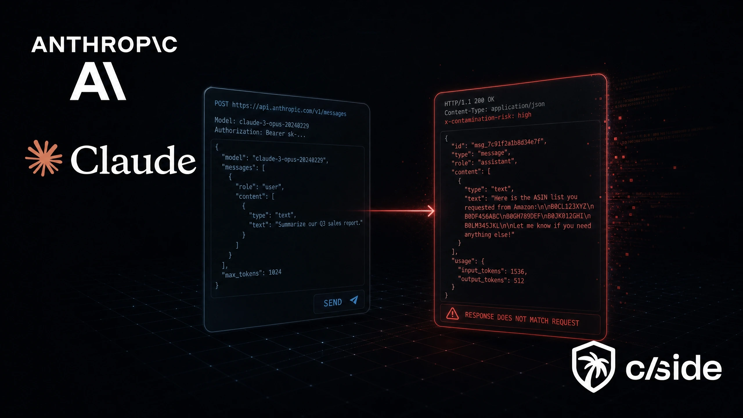 Illustration of a Claude API request and a returned response that belongs to a different user, flagged 'response does not match request', between Anthropic and cside logos