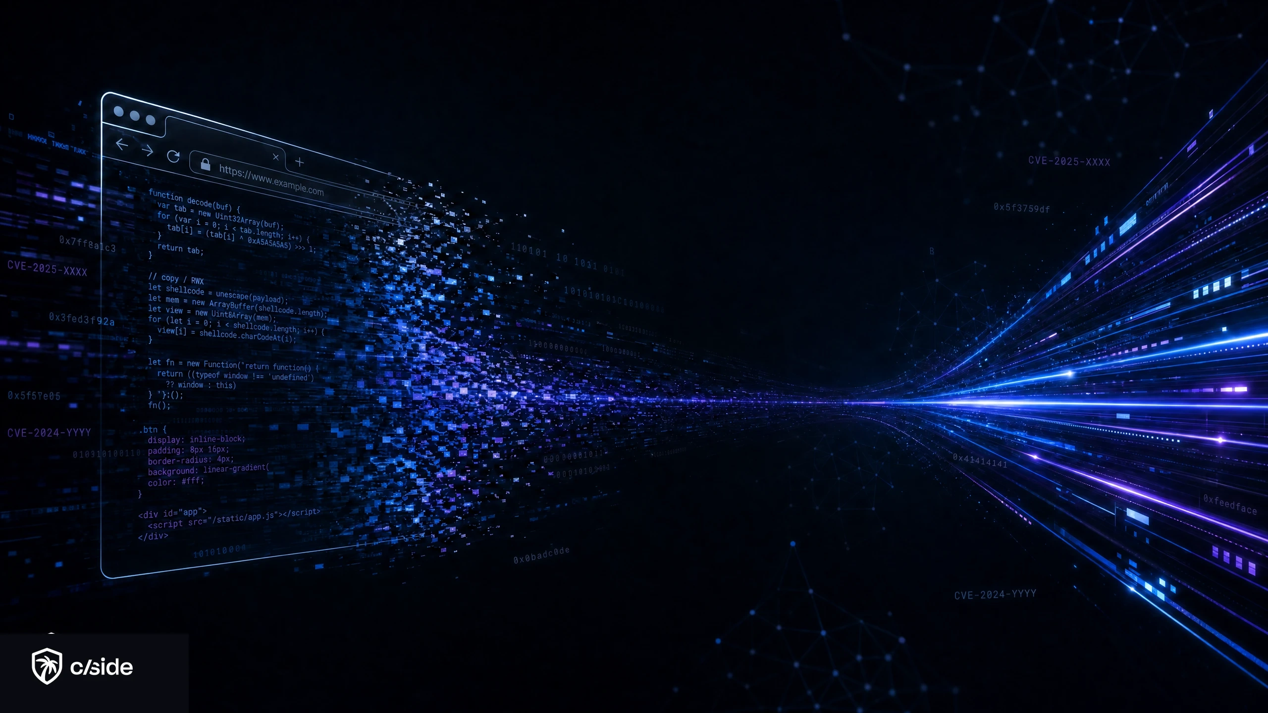 A browser window dissolving into a stream of blue light particles on a dark background