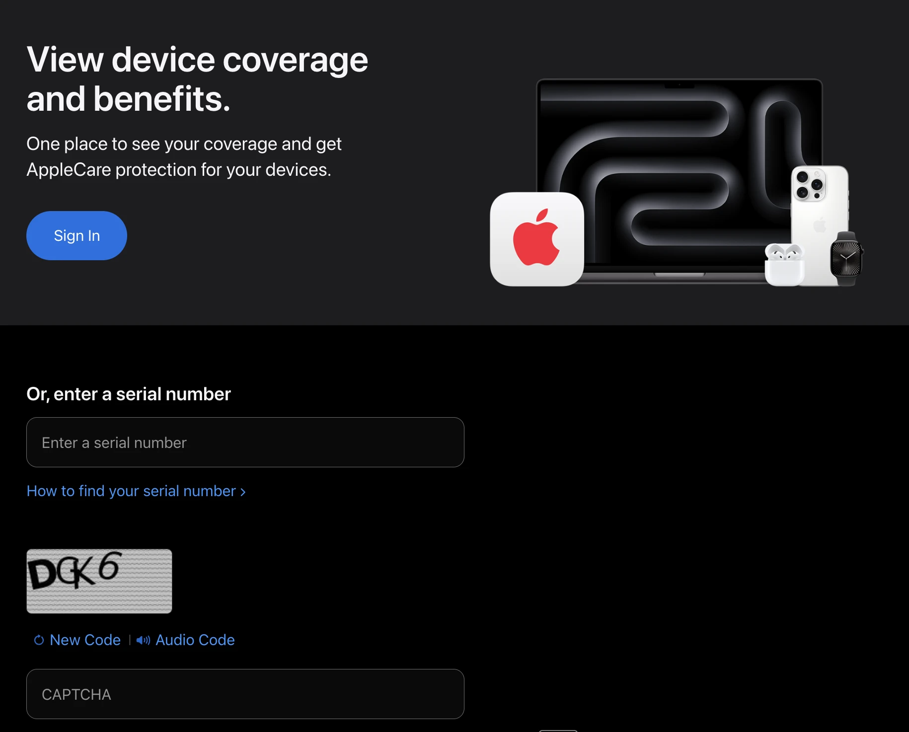 Screenshot of the Apple coverage portal asking for a serial number and CAPTCHA