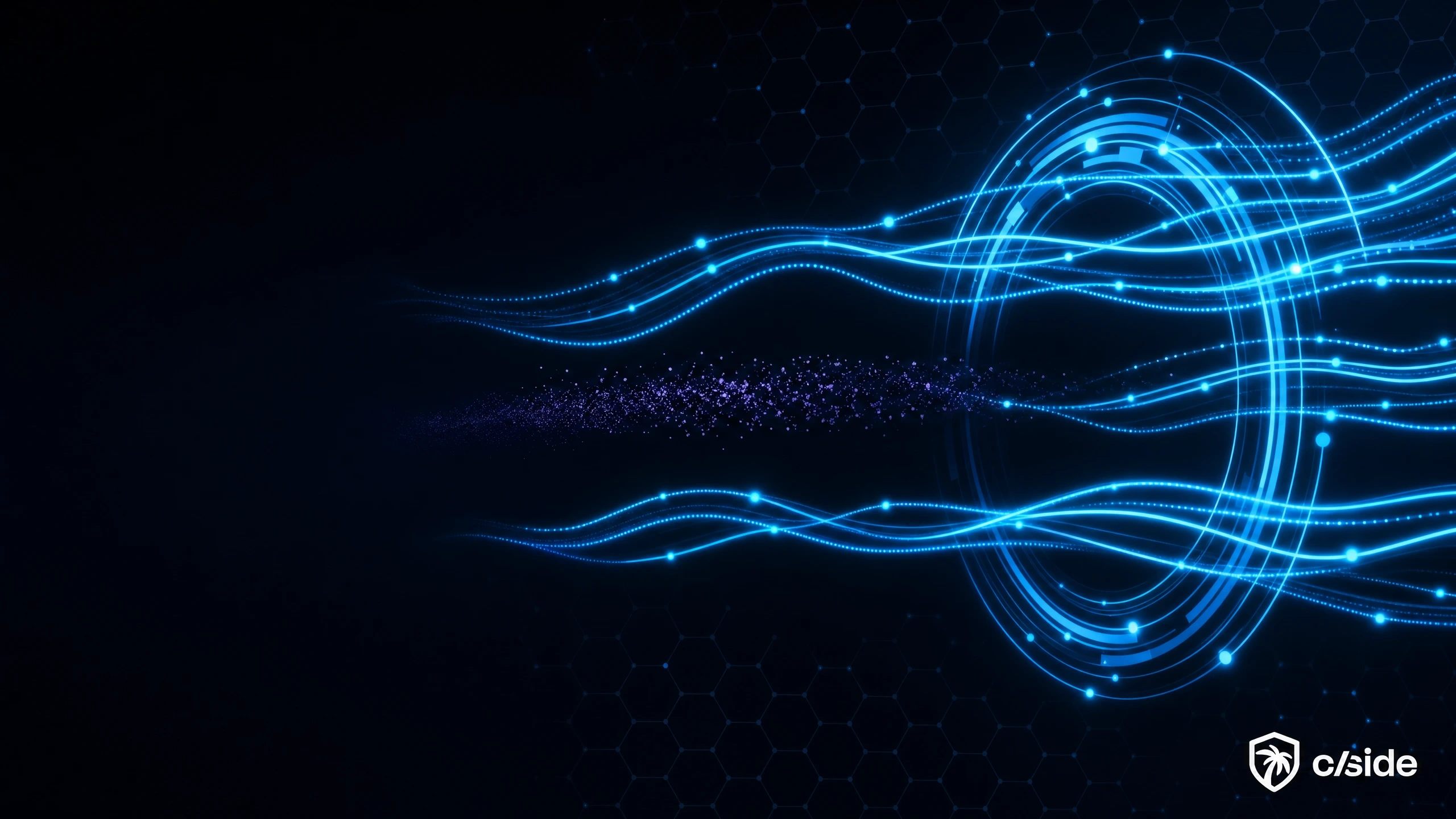 Abstract dark-blue visualization of network connections streaming through a circular gateway