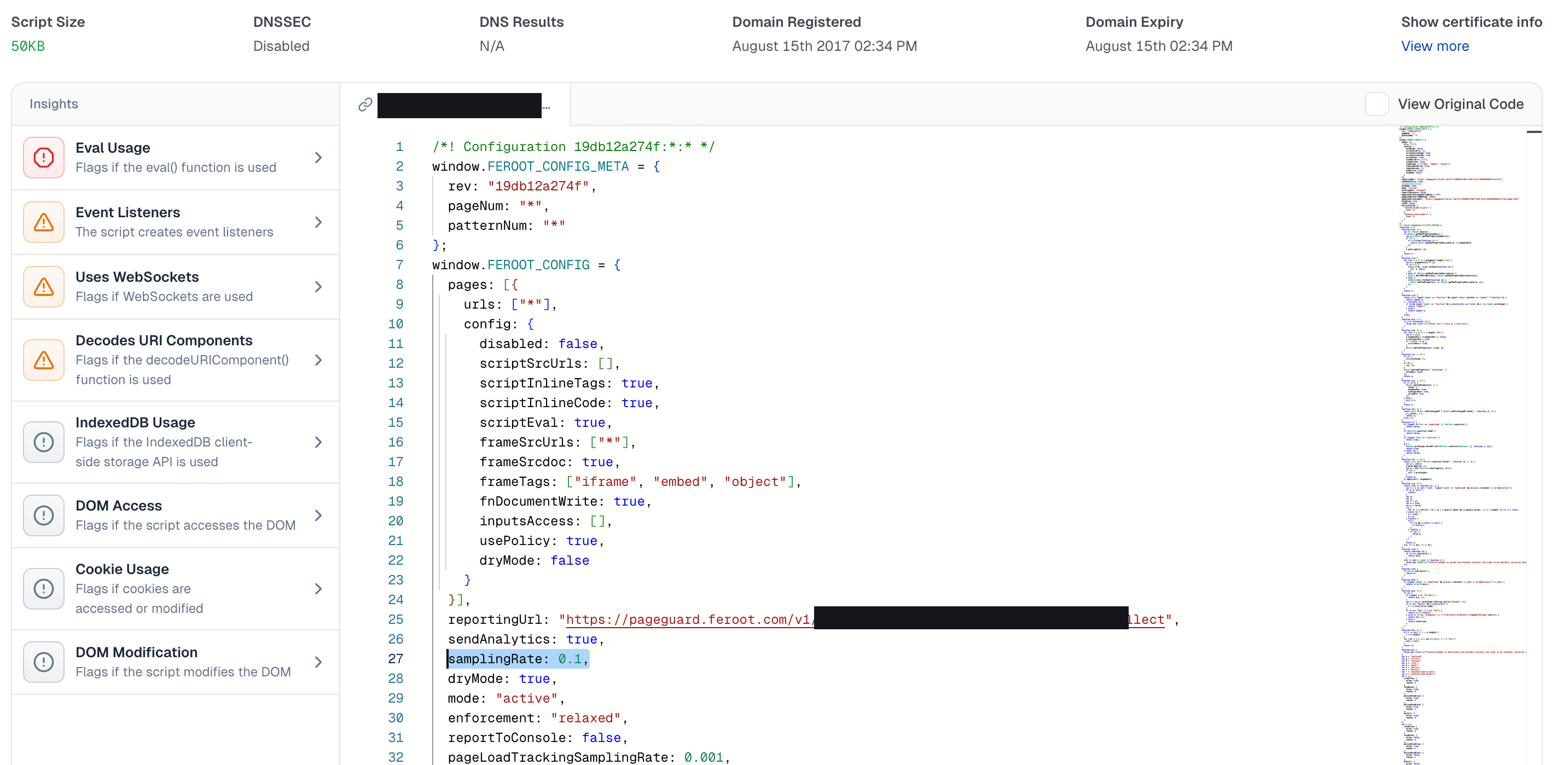Configuratie van het Feroot PageGuard-script waarin samplingRate op 0.1 staat, wat betekent dat Feroot slechts 10 procent van de echte gebruikerssessies samplet