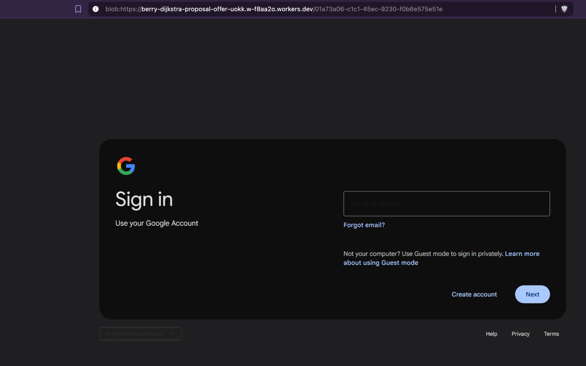 Fake Google email-entry page shown under a blob URL created by the unrelated Worker