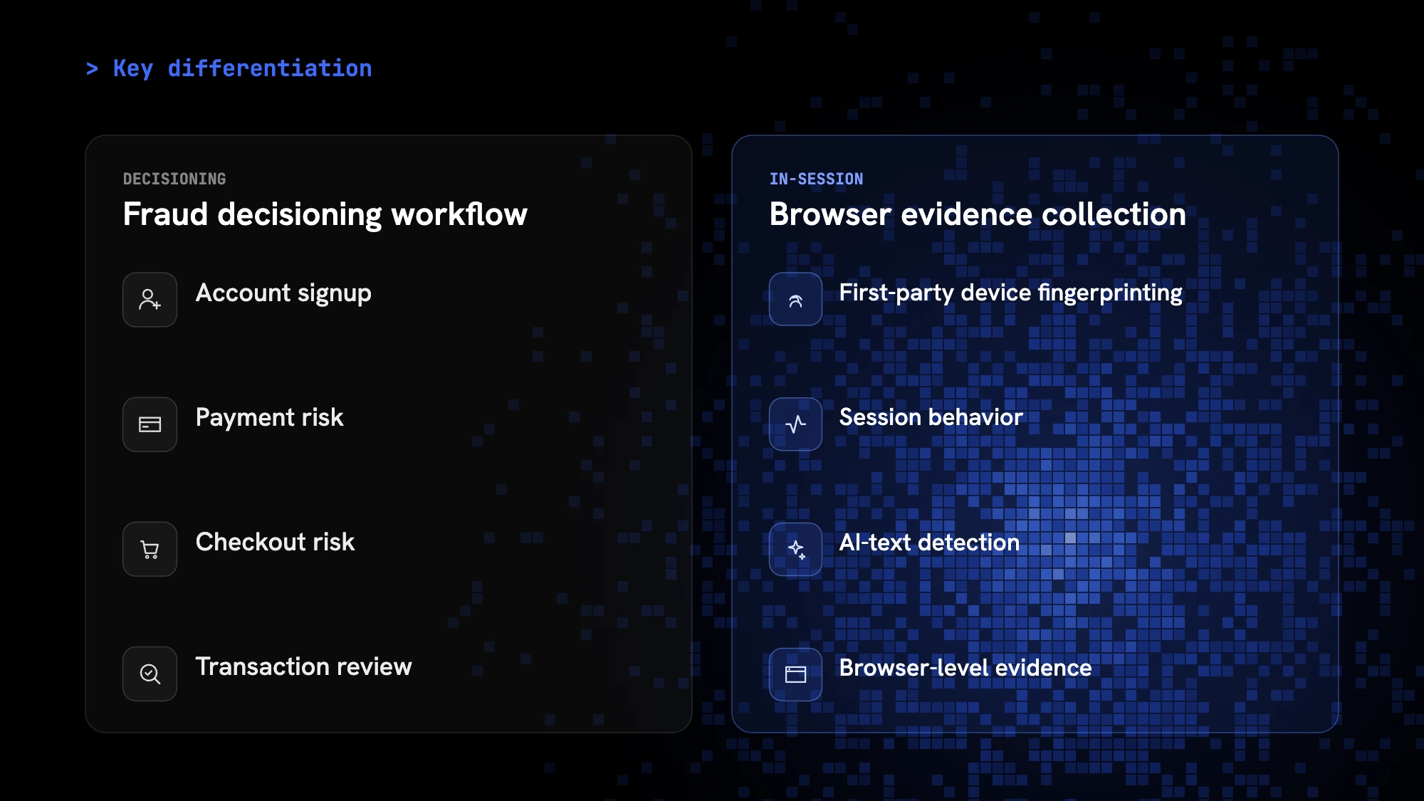 Workflow de décision anti-fraude de Sardine comparé à la collecte de preuves navigateur de cside