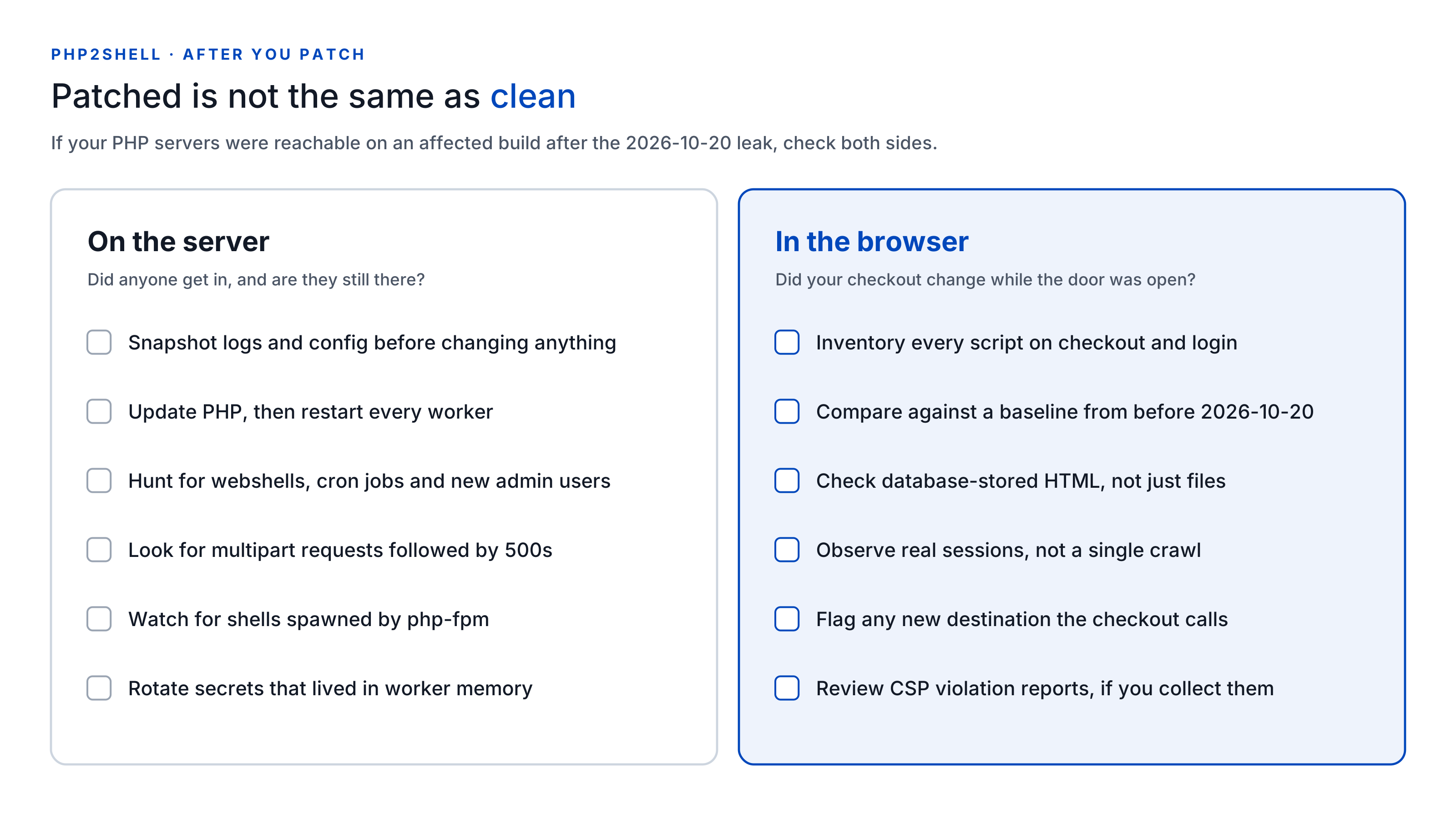 PHP2Shell-checklist na het patchen, voor de server en voor de browser