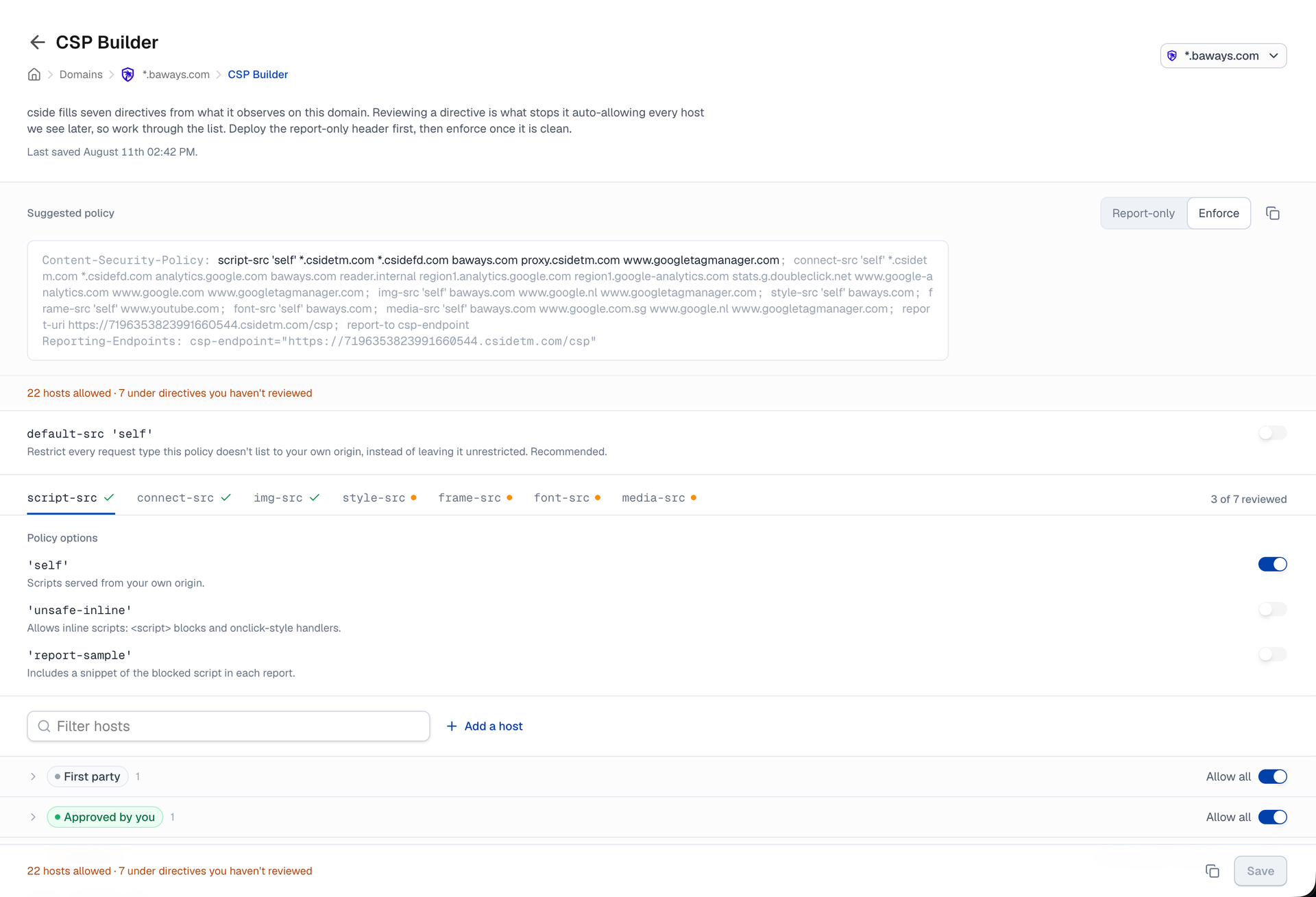 cside CSP Builder dashboard