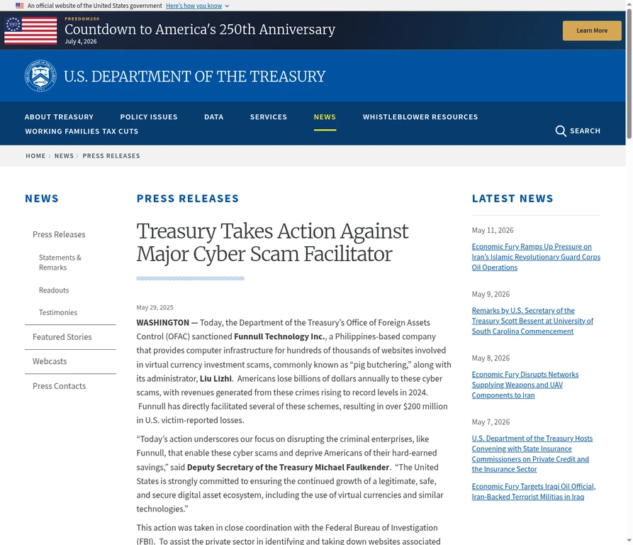 Screenshot of the Treasury press release announcing sanctions against Funnull Technology Inc.
