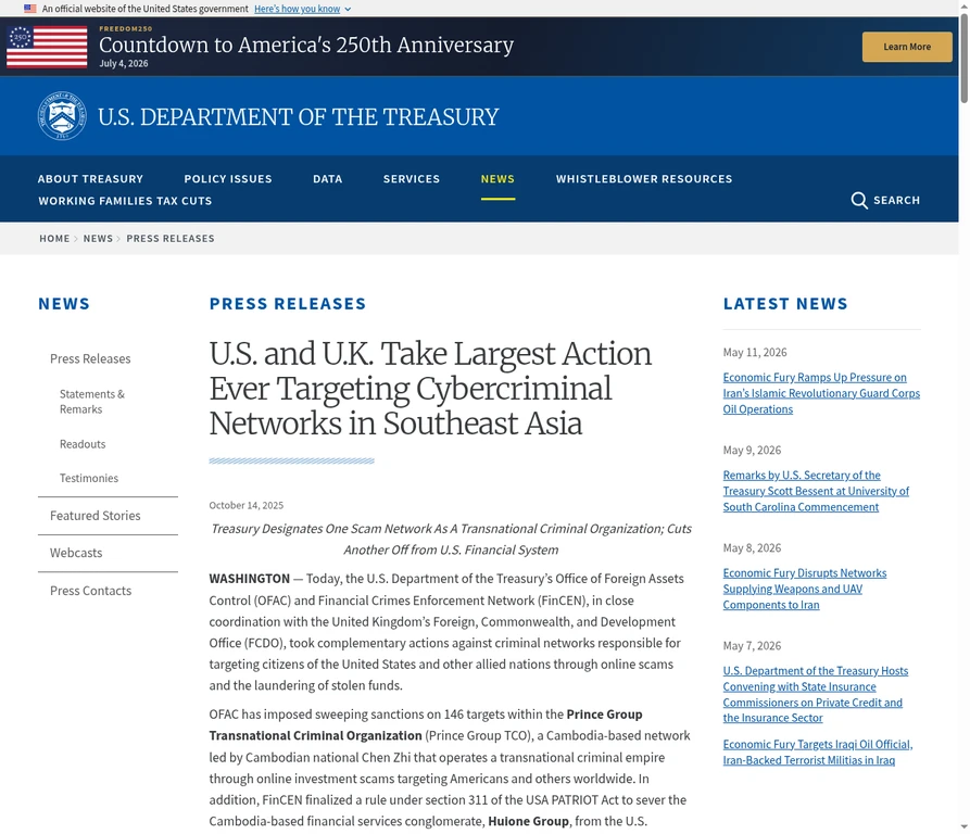 Screenshot of the Treasury press release on the U.S. and U.K. action against cybercriminal networks in Southeast Asia
