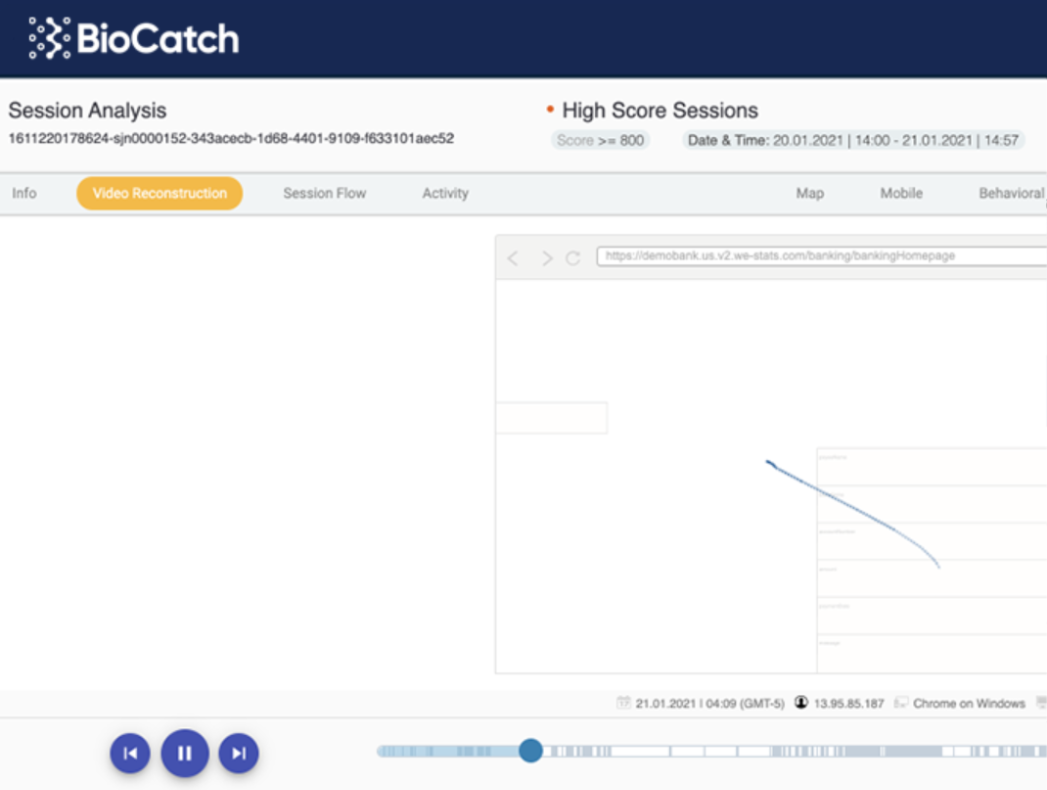 BioCatch session analysis replaying mouse movement for a high-risk session
