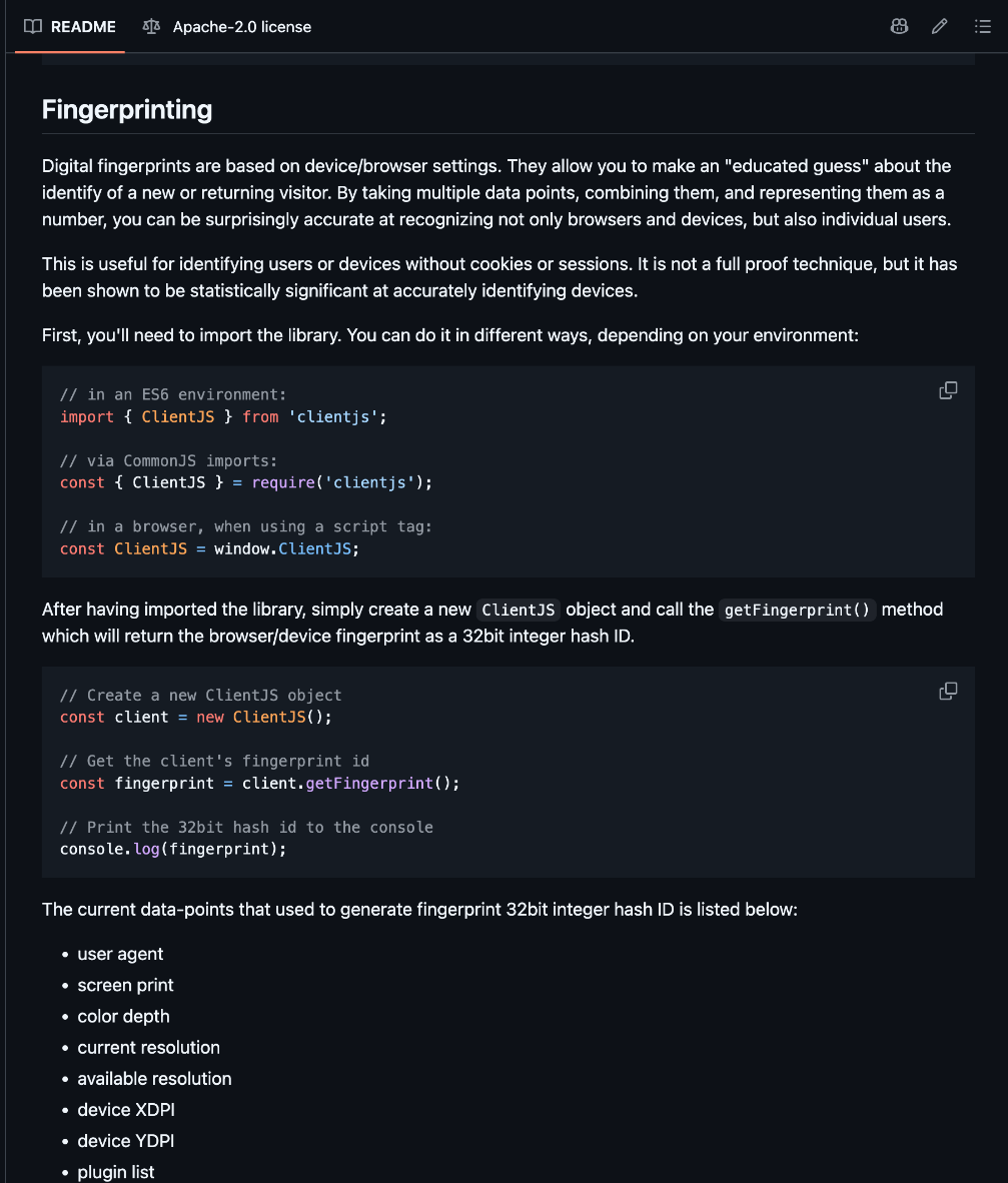 README do ClientJS mostrando o uso de getFingerprint()