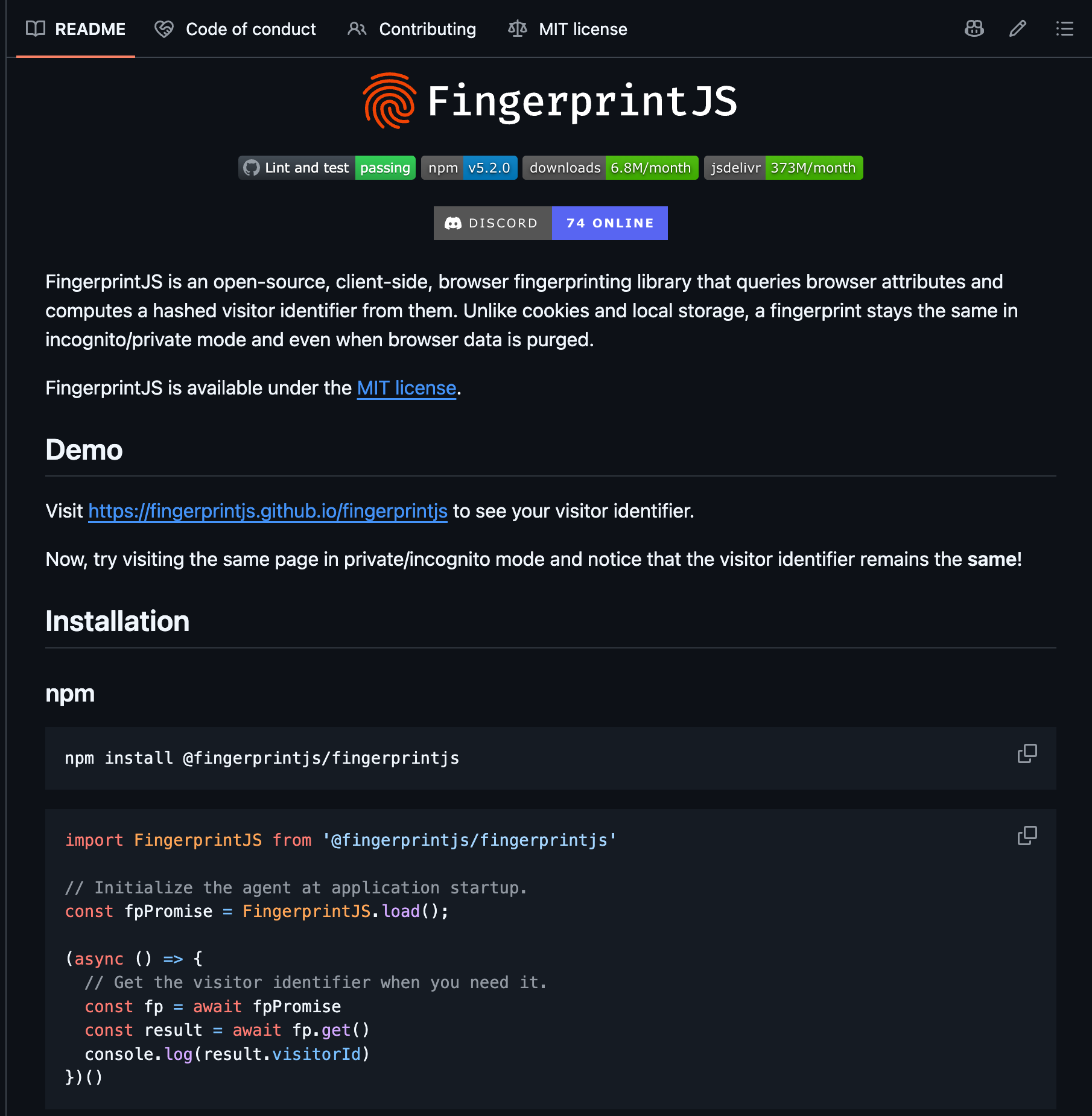 Repositório de código aberto do FingerprintJS no GitHub com licença MIT