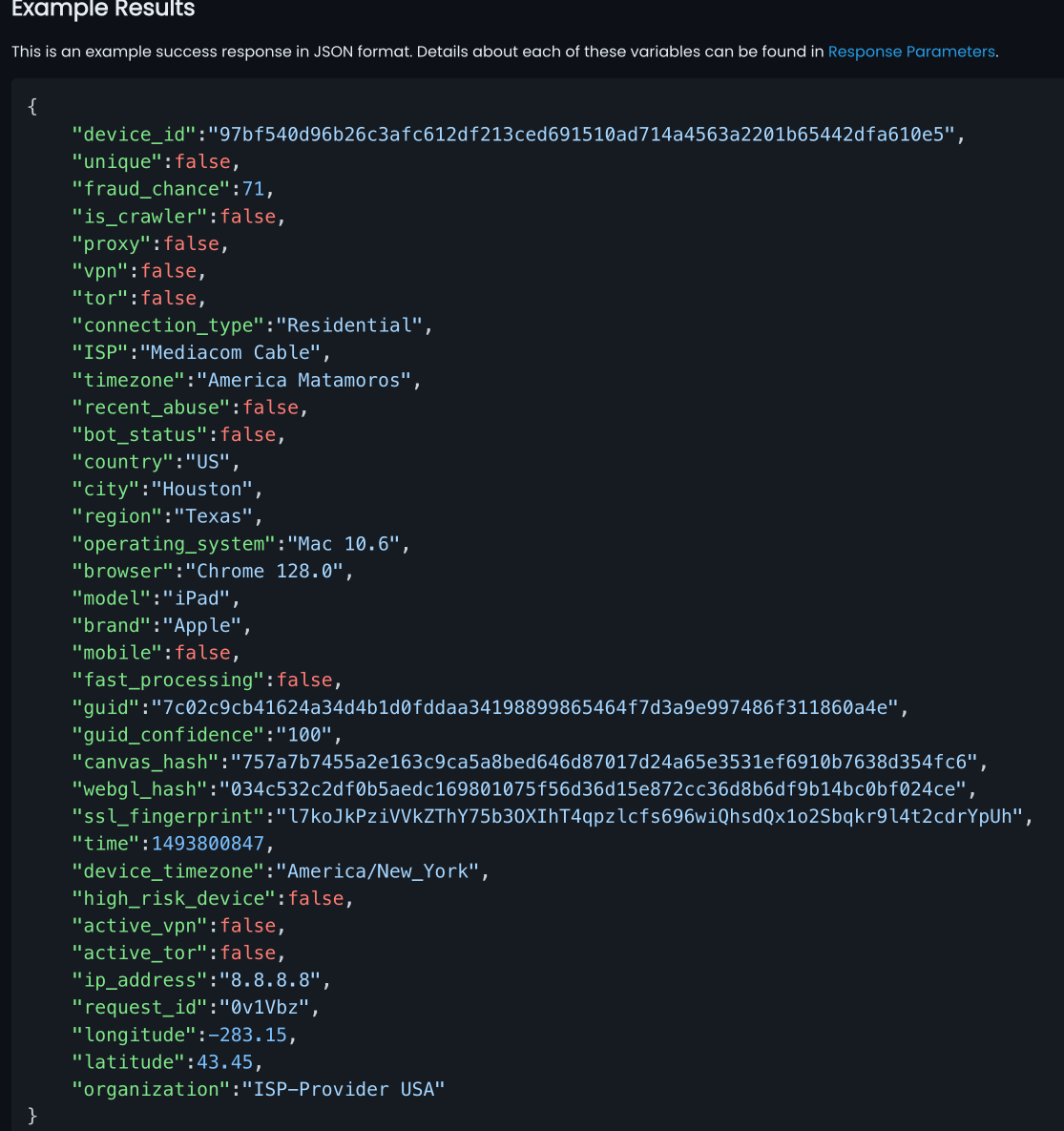 Resposta de exemplo da API Device Fingerprint da IPQualityScore com pontuação de fraude