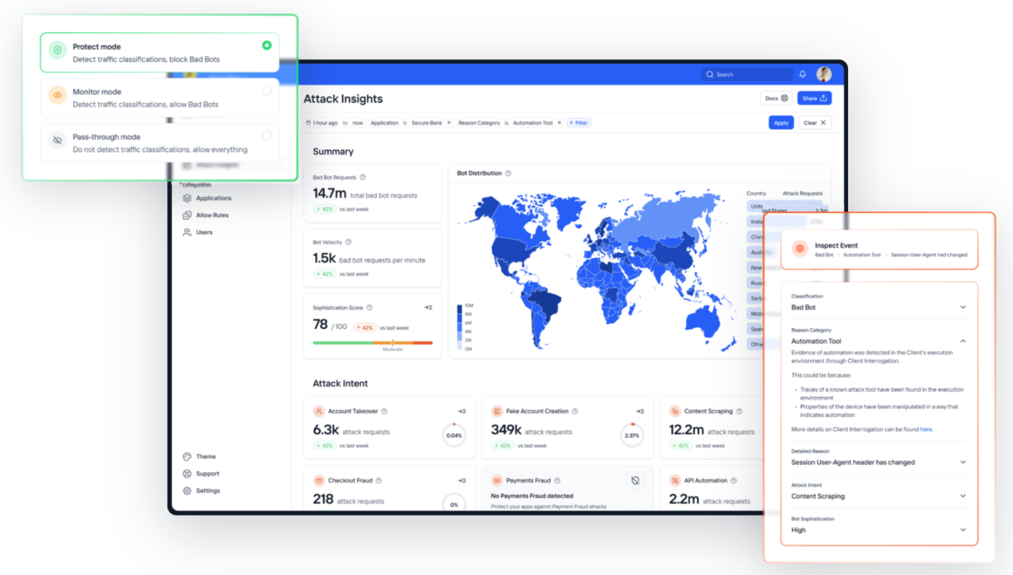 Kasada product illustration of its Attack Insights dashboard