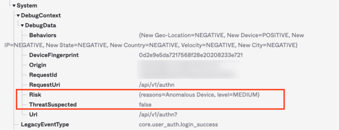 Okta System Log sign-in event with behavior checks and risk level