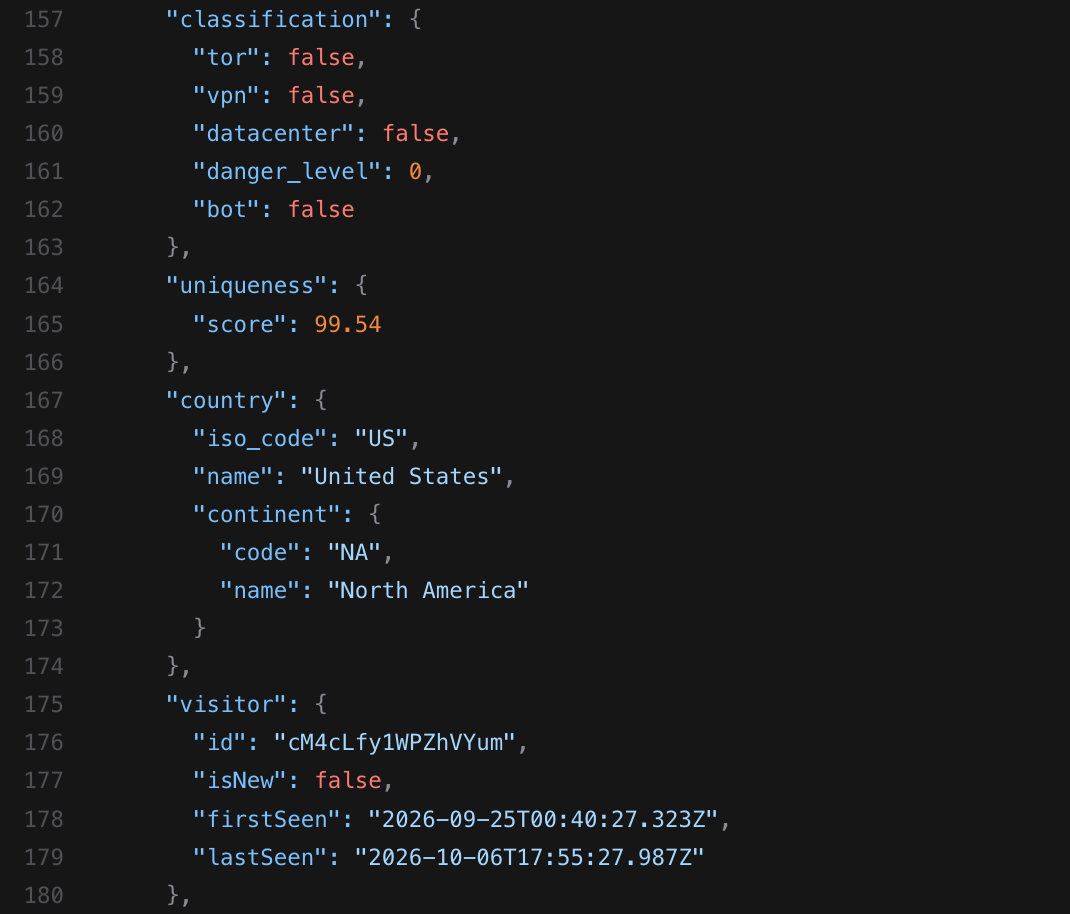 Resposta da API ThumbmarkJS com ID de visitante e sinalizadores de bot, VPN e datacenter